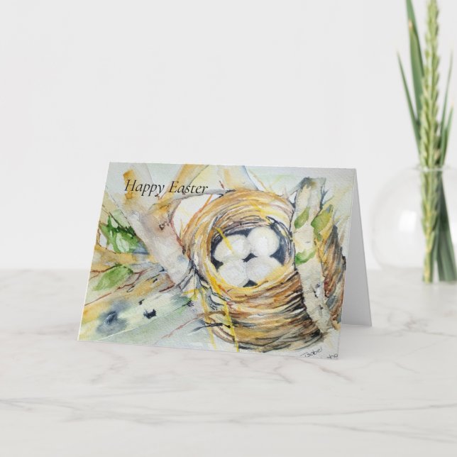 Tarjeta Festiva Feliz nido de Pascua con huevos (Anverso)