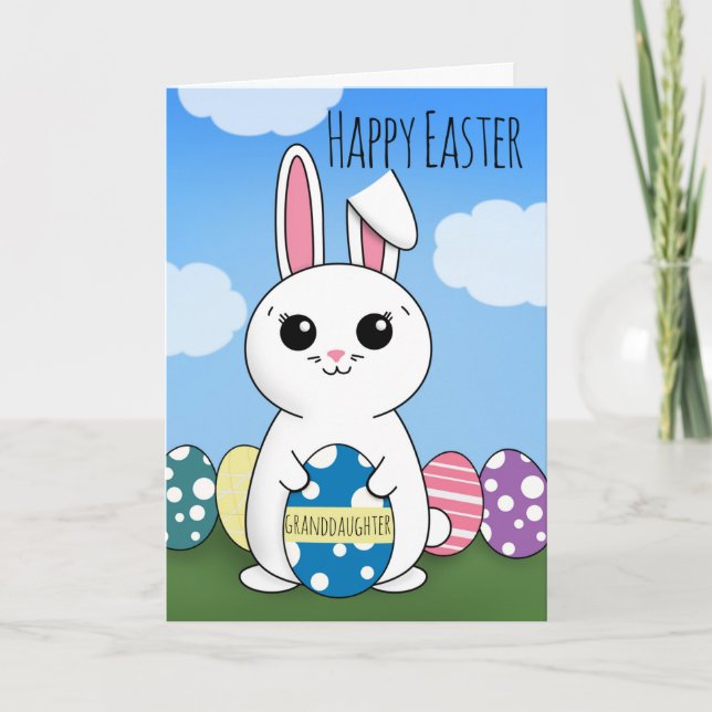 Tarjeta Festiva Feliz Nieta de Pascua, linda conejita con huevos (Anverso)