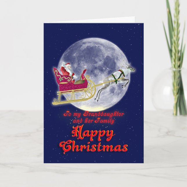Tarjeta Festiva Feliz nieta navideña, santa en el trineo (Anverso)