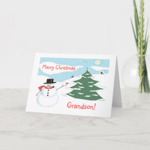 Tarjeta Festiva ¡Feliz nieto de Navidad!-Snowman y Sledding