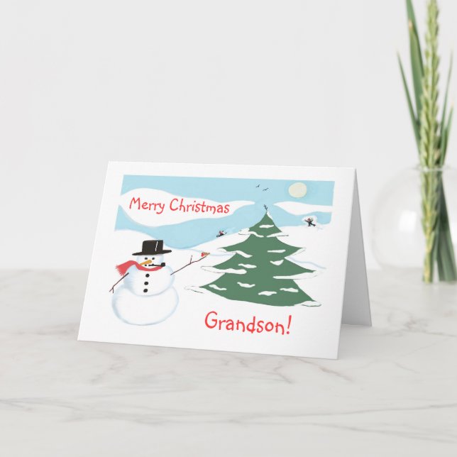 Tarjeta Festiva ¡Feliz nieto de Navidad!-Snowman y Sledding (Anverso)