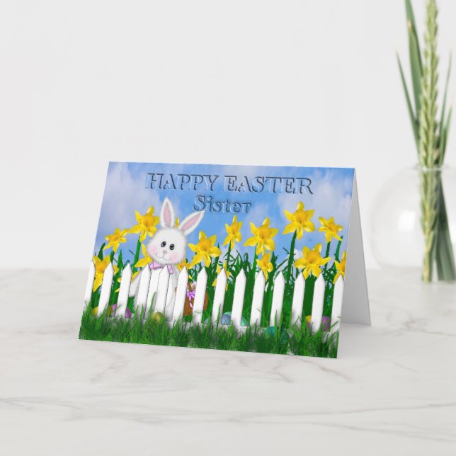 TARJETA FESTIVA FELIZ ORIENTAL - DAFFODILS Y BUNNY - HERMANA (Anverso)