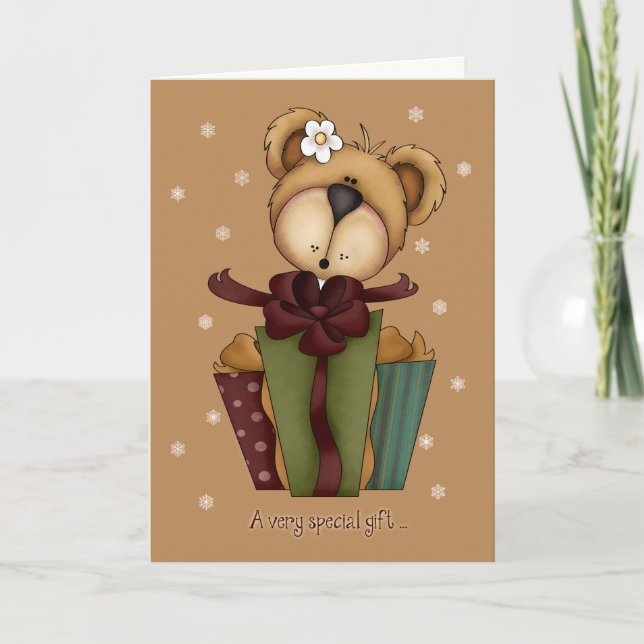 Tarjeta Festiva Feliz oso navideño con regalo/dinero incluido (Anverso)