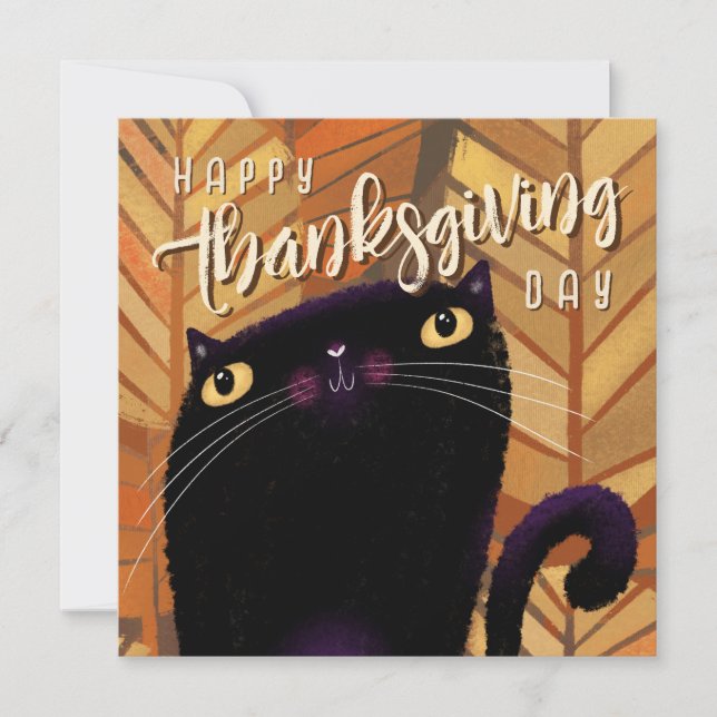Tarjeta Festiva Feliz otoño de un gato negro de Acción de Gracias (Anverso)