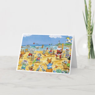 Tarjeta Festiva Feliz Papá Noel con animales en la playa