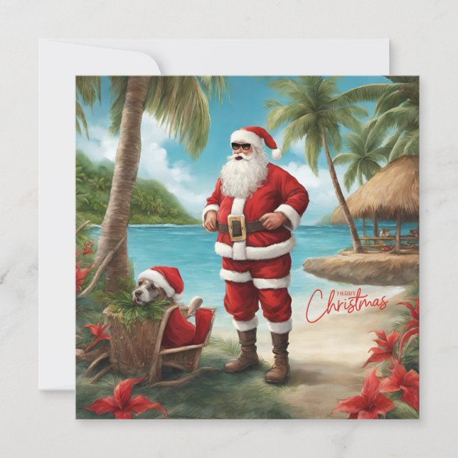 Tarjeta Festiva Feliz Papá Noel navideño en la isla tropical (Anverso)