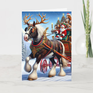 Tarjeta Festiva Feliz Papá Noel y su caballo con cuervos
