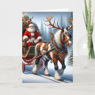Tarjeta Festiva Feliz Papá Noel y su caballo con cuervos