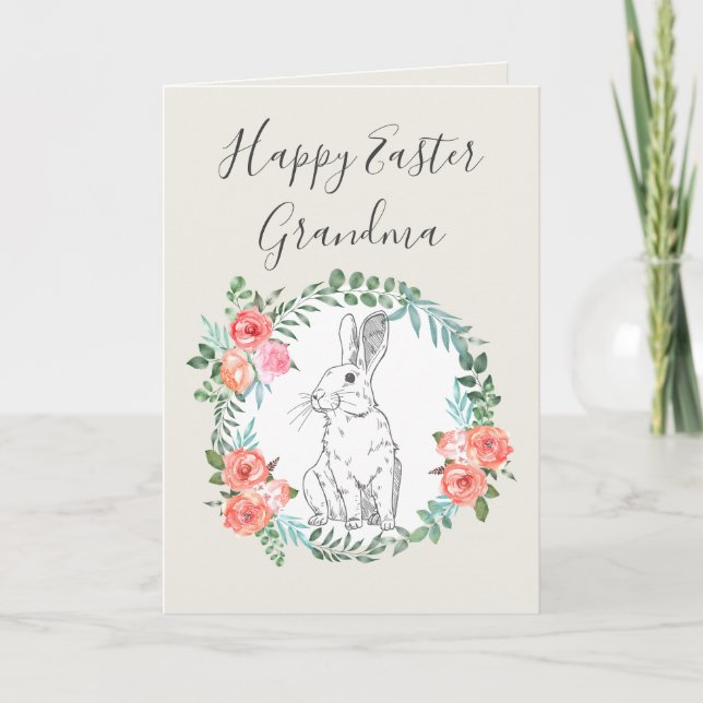 Tarjeta Festiva Feliz Pascua Abuela Bunny Floral Boho Coconut (Anverso)