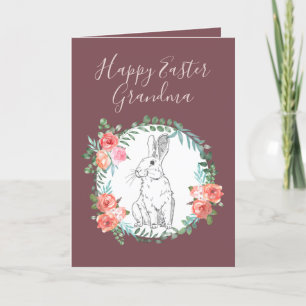 Tarjeta Festiva Feliz Pascua Abuela Bunny Floral Boho Deep Violet