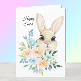 Tarjeta Festiva Feliz Pascua Acuarela Bunny Blue Flowers