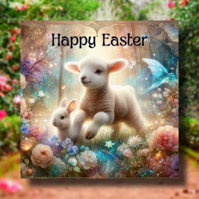 Tarjeta Festiva Feliz Pascua Acuarela Bunny Lamb Christian (Subido por el creador)