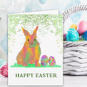 Tarjeta Festiva Feliz Pascua Acuarela Conejito y Huevos Adorables