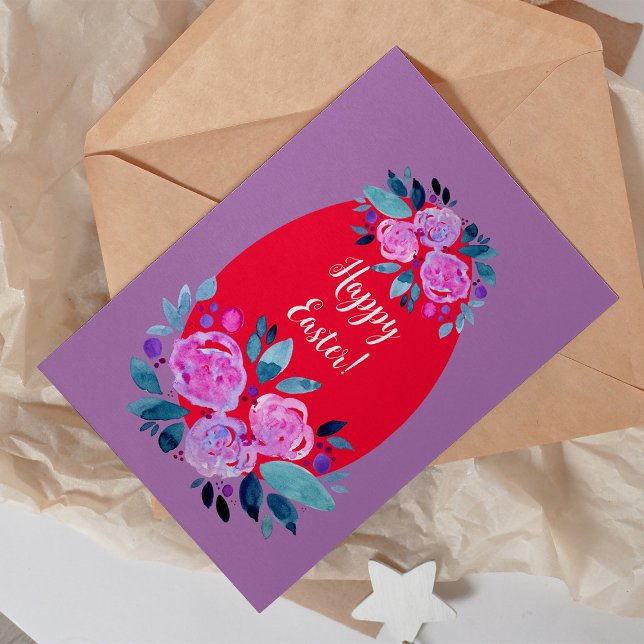 Tarjeta Festiva Feliz Pascua acuarela huevo rojo floral (Subido por el creador)