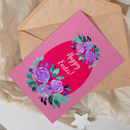 Tarjeta Festiva Feliz Pascua acuarela huevo rosa floral