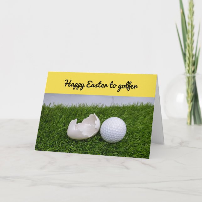 Tarjeta Festiva Feliz Pascua al golfista con bola de golf y huevo (Anverso)