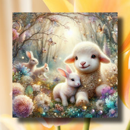 Tarjeta Festiva Feliz Pascua Art Nouveau Bunnies Lamb Woodland