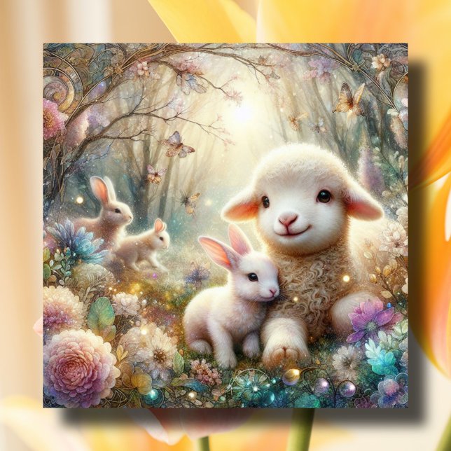 Tarjeta Festiva Feliz Pascua Art Nouveau Bunnies Lamb Woodland (Subido por el creador)