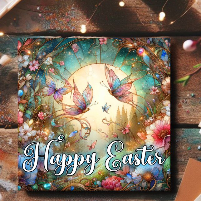 Tarjeta Festiva Feliz Pascua Art Nouveau Mariposas de Vidrio Manch (Subido por el creador)