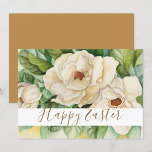 Tarjeta Festiva Feliz Pascua Blanca Magnolia Gold Text Flor