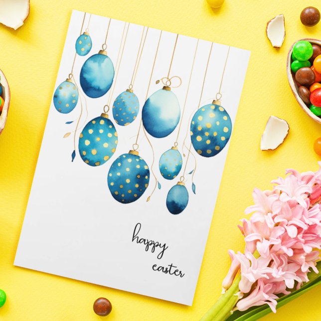 Tarjeta Festiva Feliz Pascua Bondi Polka Azul Huevos de Pascua (Customize this cute Easter greeting card with blue and gold polka dotted Easter Eggs. )