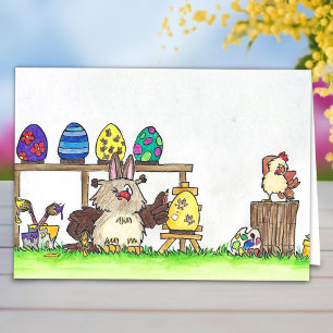 Tarjeta Festiva Feliz Pascua - Búho pintando Huevos
