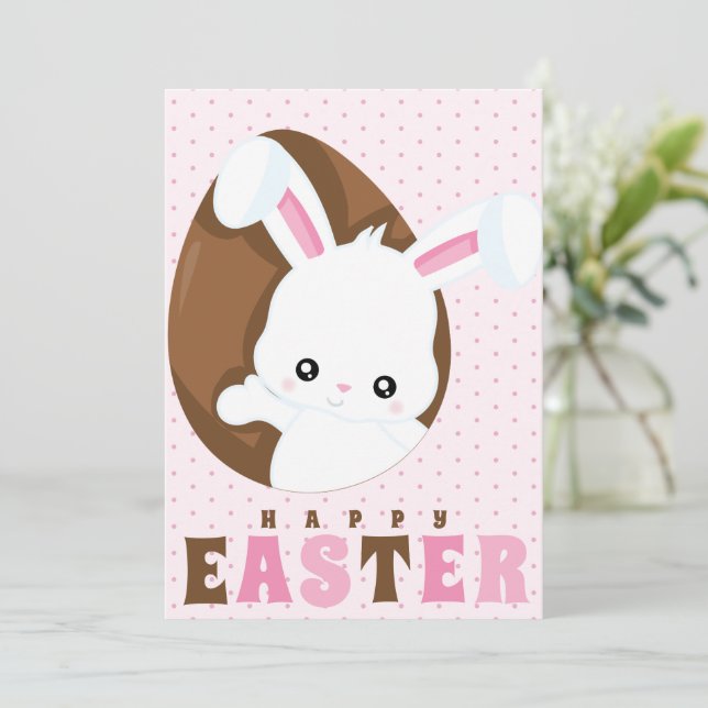 Tarjeta Festiva Feliz Pascua Bunny Brown Huevo Polka Punto Rosa (Anverso de pie)