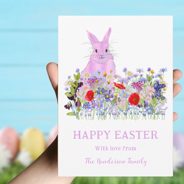 Tarjeta Festiva Feliz Pascua Bunny Rosa Boho Flor silvestre Waterc (Happy Easter pink bunny and colorful wildflowers personalized flat holiday card)