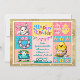 Tarjeta Festiva Feliz Pascua con Conejo, Pollo, Huevos y Flores
