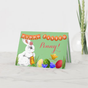 Tarjeta Festiva Feliz Pascua, conejita, Personalizado de niño verd
