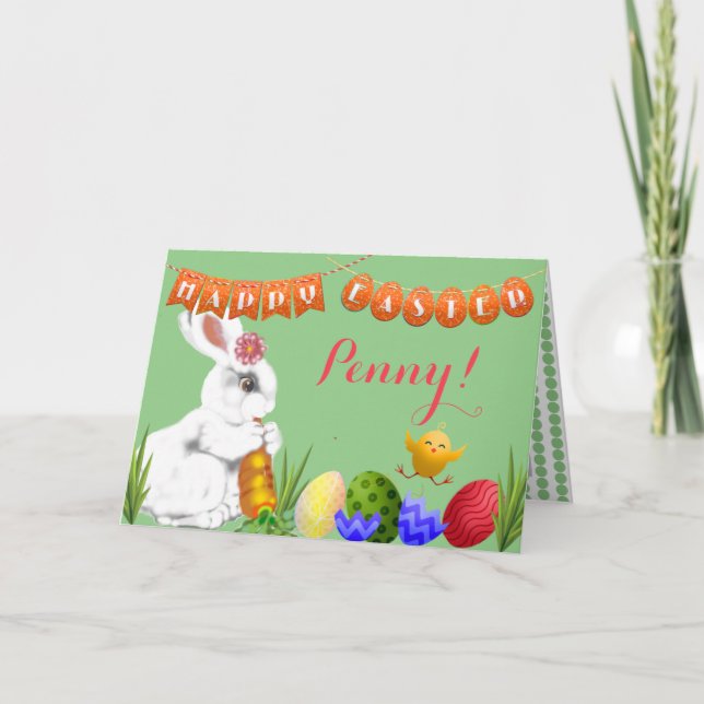 Tarjeta Festiva Feliz Pascua, conejita, Personalizado de niño verd (Anverso)