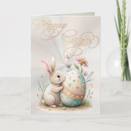 Tarjeta Festiva Feliz Pascua Conejito Lindo & Huevo Pastel Floral