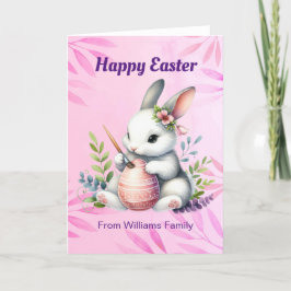 Tarjeta Festiva Feliz Pascua, conejo blanco pintando un huevo de P