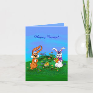 Tarjeta Festiva ¡Feliz Pascua! Conejo con conejo y pollo