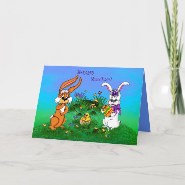 Tarjeta Festiva ¡Feliz Pascua! Conejo con conejo y pollo (Anverso)