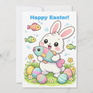 Tarjeta Festiva Feliz Pascua Conejo Divertido Humor de Peces Día d