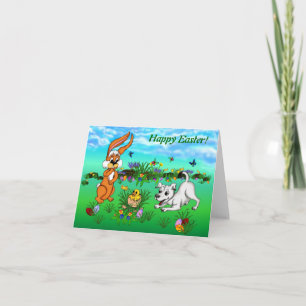 Tarjeta Festiva ¡Feliz Pascua! Conejo, pollo y cachorro