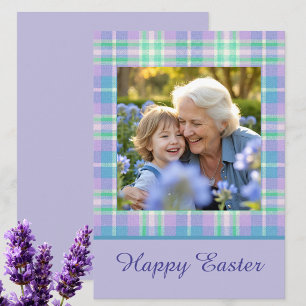 Tarjeta Festiva Feliz Pascua Cuadros Una Foto Púrpura Azul Pastel