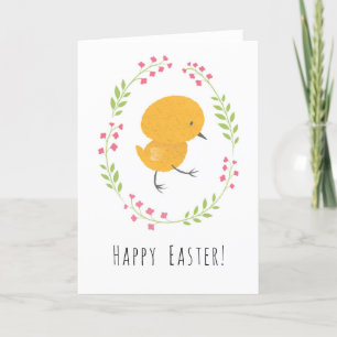 Tarjeta Festiva Feliz Pascua Cute Chick Floral Huevos Wreath Card