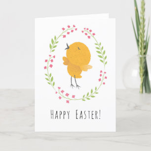 Tarjeta Festiva Feliz Pascua Cute Chick Floral Huevos Wreath Card