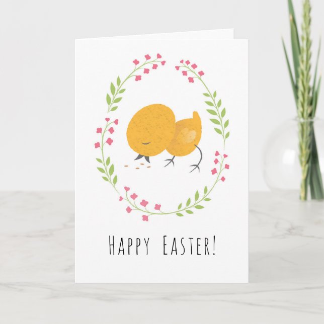 Tarjeta Festiva Feliz Pascua Cute Chick Floral Huevos Wreath Card (Anverso)