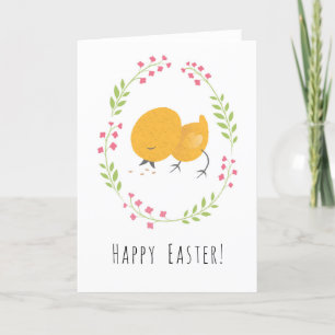 Tarjeta Festiva Feliz Pascua Cute Chick Floral Huevos Wreath Card