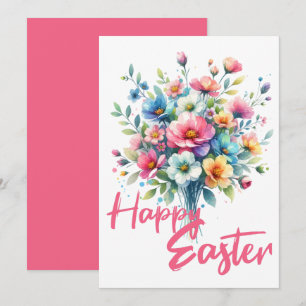 Tarjeta Festiva Feliz Pascua de flores de primavera rosa pastel