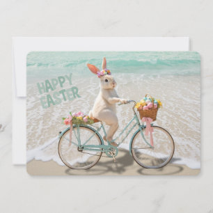 Tarjeta Festiva Feliz Pascua de Florida Bicycle Bunny en la playa