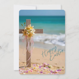 Tarjeta Festiva Feliz Pascua de Florida Cross & Lilies en la playa