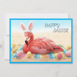 Tarjeta Festiva Feliz Pascua de Florida Flamingo Bunny en la Playa