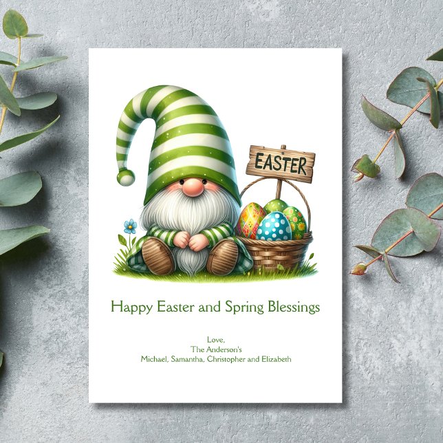 Tarjeta Festiva Feliz Pascua de Primavera (Easter Spring Greeting Card with Cute Adorable Gnome)