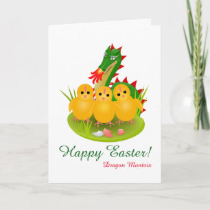 Tarjeta Festiva Feliz Pascua de tres pollitos y el Dragón de Mons