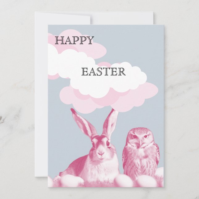 Tarjeta Festiva Feliz Pascua desde el conejo de Pascua y el búho d (Anverso)