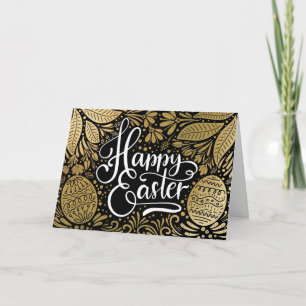 Tarjeta Festiva Feliz Pascua Elegante Boho Negro y Oro